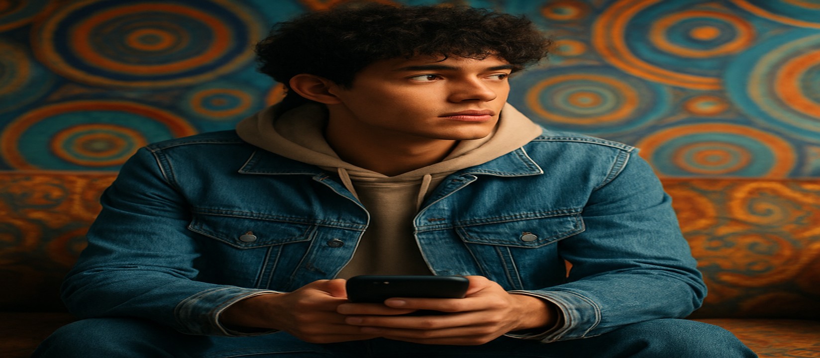 সোফায় আরাম করে বসে স্মার্টফোনে 7up অ্যাপ ব্যবহার করছেন একজন ব্যক্তি