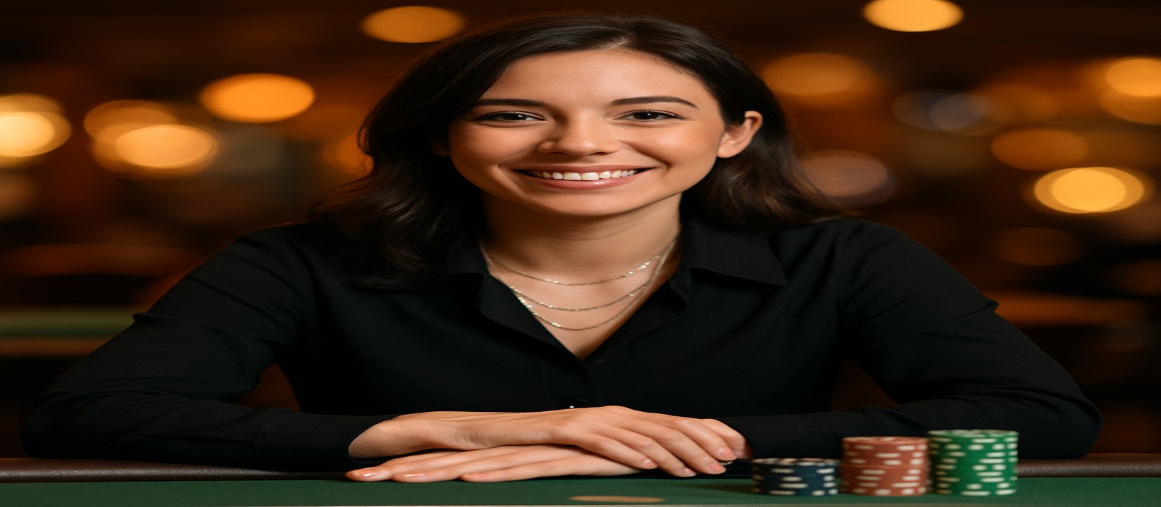 একটি হাসিখুশি নারী ডিলার গেমিং প্ল্যাটফর্মের কার্ড টেবিলে বসে তার সামনে গেমিং চিপস ও কার্ডগুলো রেখে বিস্তৃত গেমের একটি নির্বাচন উপস্থাপন করেন।