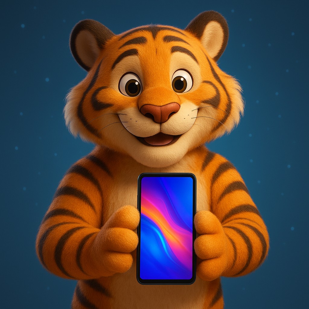 স্মার্টফোনে 7up অ্যাপটি ব্যবহার করছে এমন একটি কার্টুন বাঘশাবকের ছবি