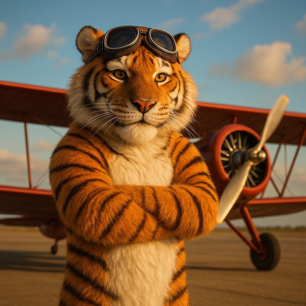 এভিয়েটর গেমের প্রতীক হিসেবে লাল বিমানের পাশে দাঁড়ানো টাইগার পাইলট