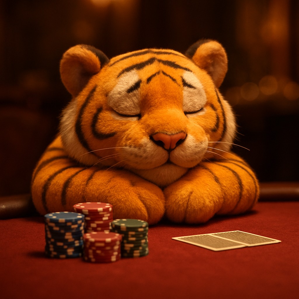 7up গেমিং প্ল্যাটফর্মে টেবিলের পাশে হাসিখুশি টাইগার শাবক, হাতে চিপস নিয়ে অবস্থান করছে