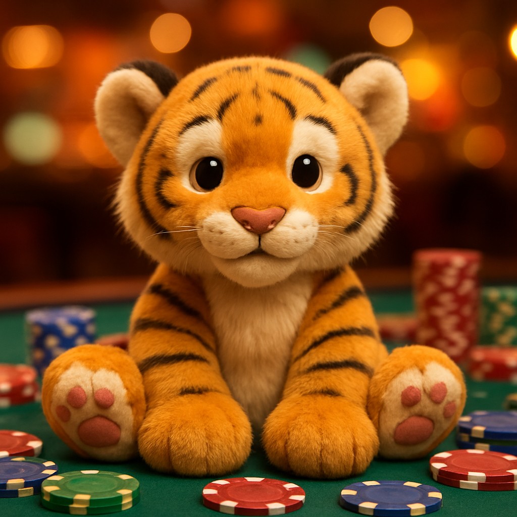 একটি ছোট বাঘের বাচ্চা একটি টেবিলের ওপর গেমিং চিপস রেখে বসে আছে।