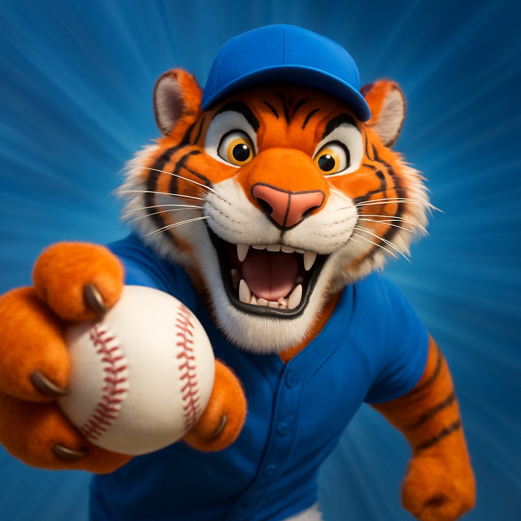 7up ক্রিকেট গেমিংয়ের প্রতীক হিসেবে, হাতে বল ধরা ইউনিফর্ম পরা এক আনন্দিত টাইগার শাবক