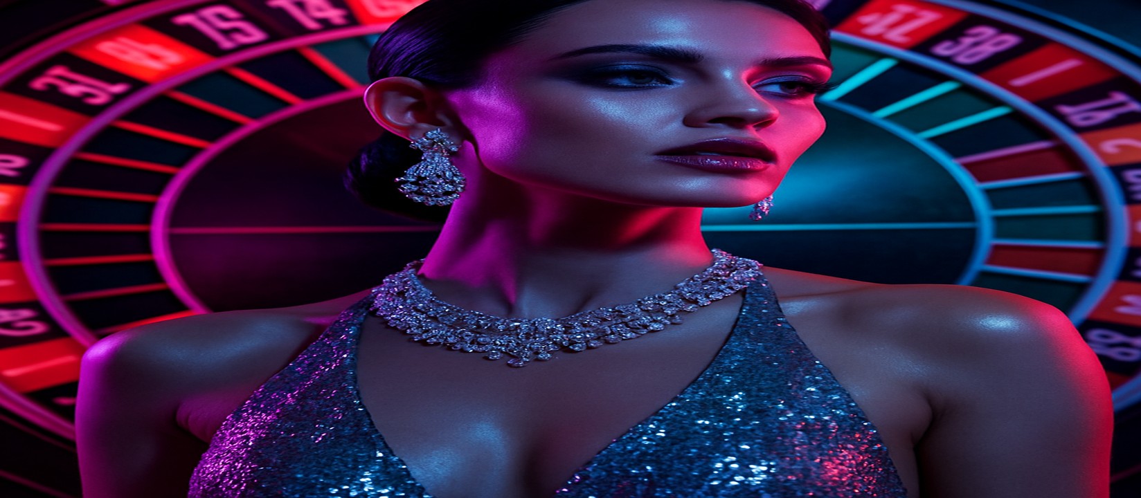 চমকপ্রদ রঙের গেমিং প্ল্যাটফর্মের সামনে উজ্জ্বল পোশাকে এক নারী