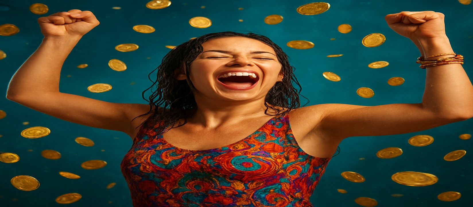 মুদ্রার ঝরনার মাঝে রঙিন পোশাকে থাকা এক নারী