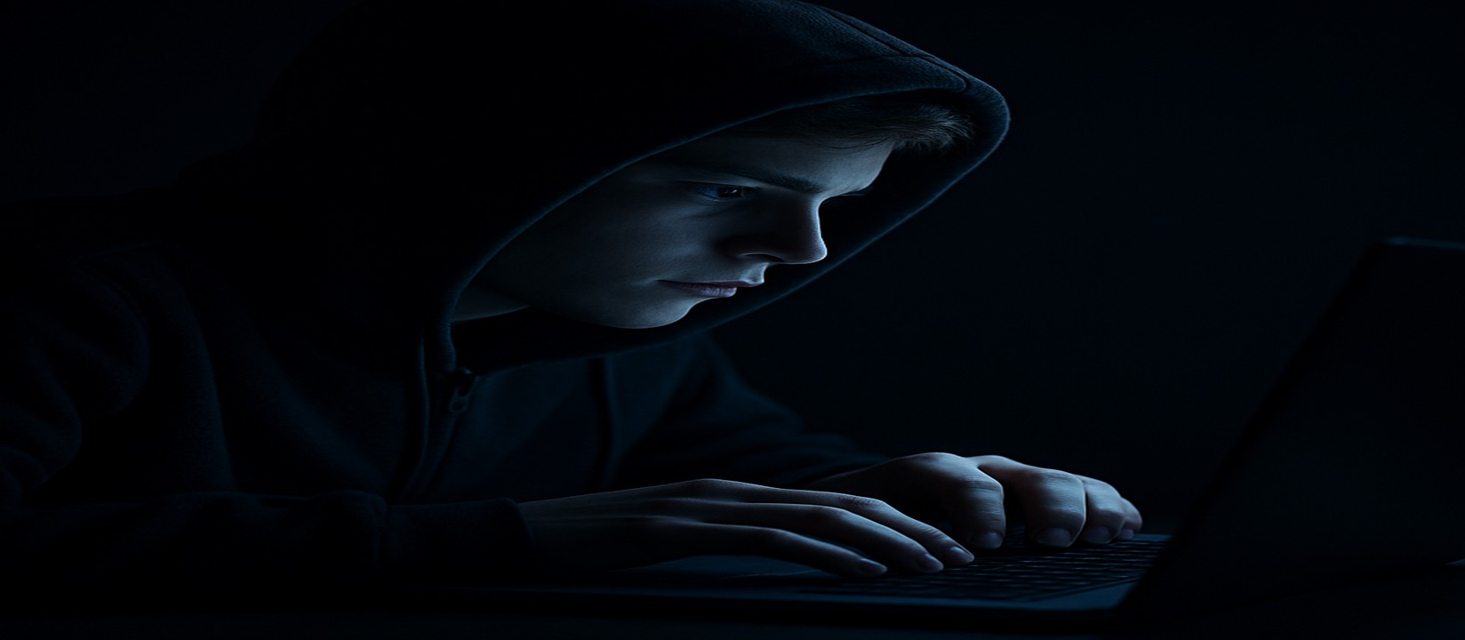 একজন ব্যক্তি অন্ধকার ঘরে ল্যাপটপে মনোযোগ দিয়ে 7up ওয়েবসাইটে অনলাইন গেমিং করছেন